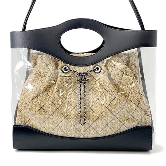 CHANEL Matelasse 2-Way Tote Plastics/Leather/Raffia Transparent/Black/Beige ... - Picture 1 of 14